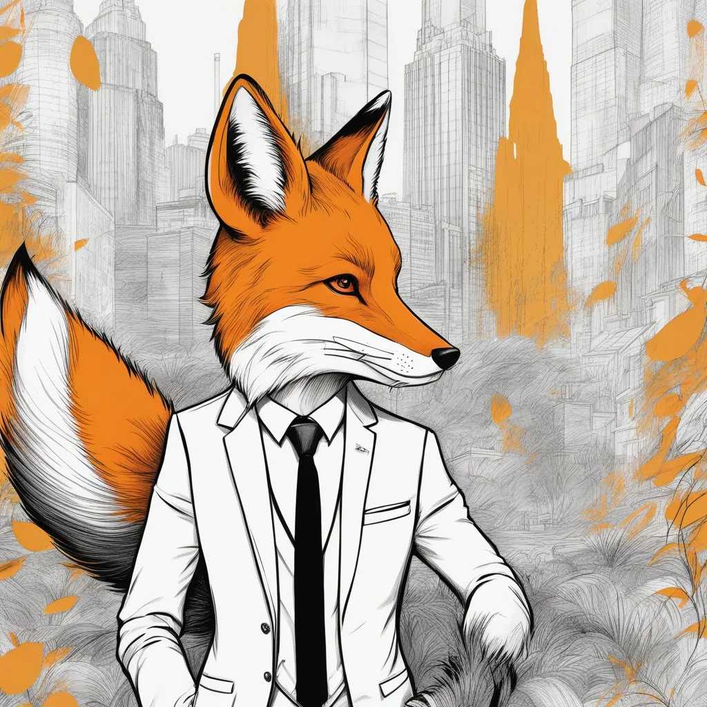 Illustrative sketch of a image of an humanoid fox, suit and tie, arte lineal ultra quality, 8k