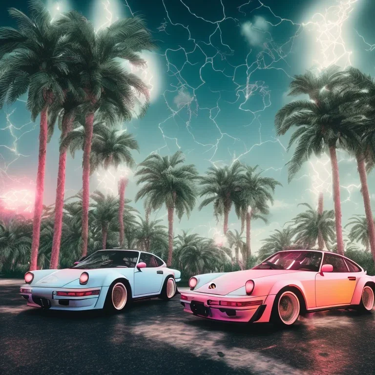 1980's aesthetic vaporwave palm trees and spheres and Porsche with lightning