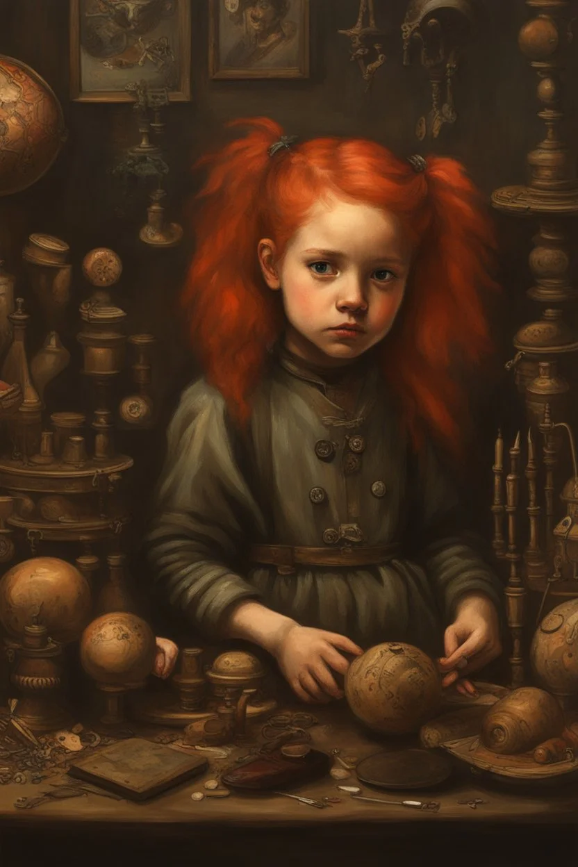 Little girl with red hair in Cyberpunk wunderkammer painted by Caravaggio, unsane details, soft colors, lot of space around the girl with a lot of strange objects