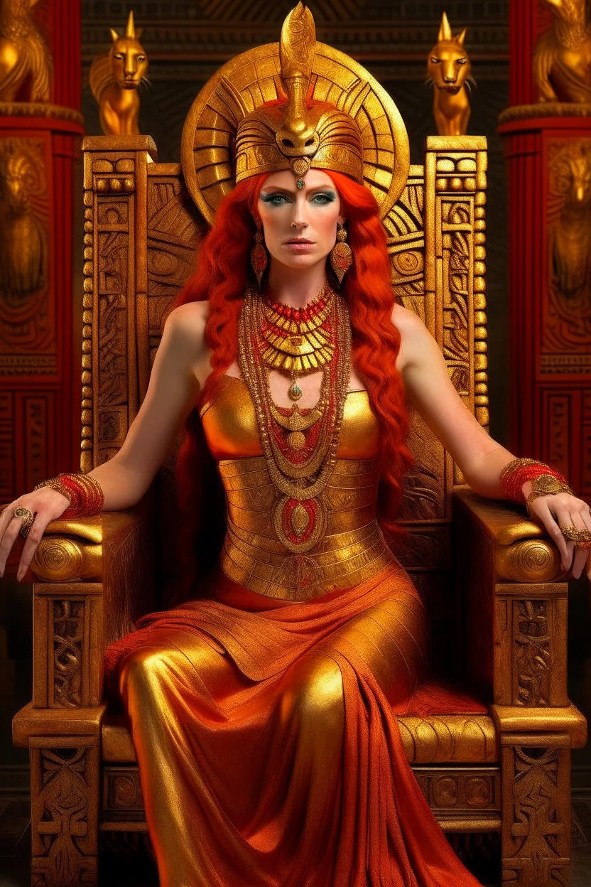 A mature Egyptian goddess with red hair and amber eyes, wearing a red silk gown and a necklace of scarabs. She is sitting on a throne made of gold, carved with the head of a wise and ancient dragon