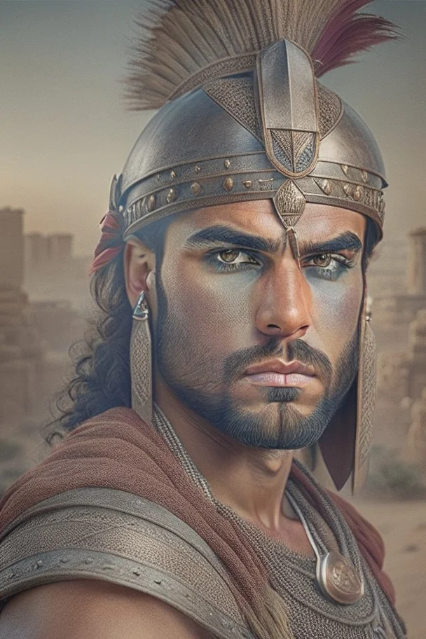 Mesopotamian warrior, expression serious, aura, portrait, background Mesopotamian city