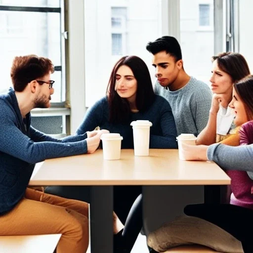 five friends, two men, three women, coffe laboratory, sitting, table