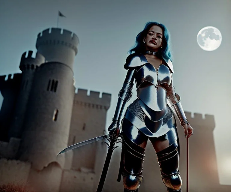 Rita ora, realism, knight armor, long curly black hair, choker, holding sword, castle, moonlight