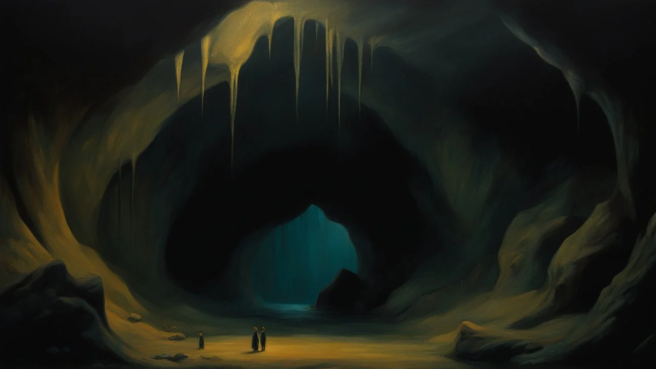 A dark and haunting oil painting of a mysterious cave filled with shadows and unknown creatures