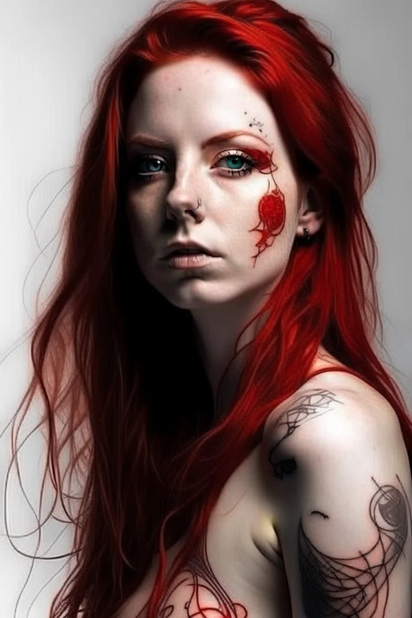 a cute woman, face from (Amy Lee, from Evanescence) big body, good body, no dressed, serious look, bad mode, tatoo, red long haired, light red cloth, intrincate details, high definition picture, whiteness background.