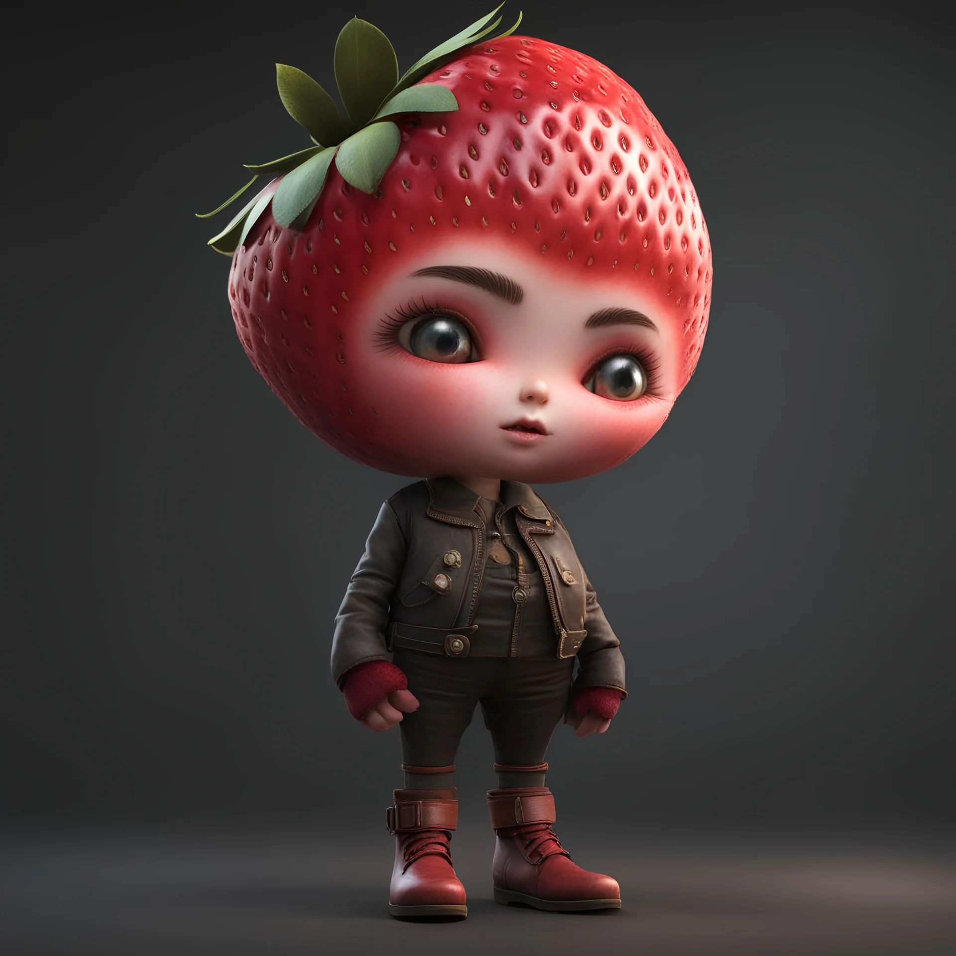 an anthropomorphic strawberry with pixie-cut hair, wearing a leather jacket and pants with 12-inch platform boots