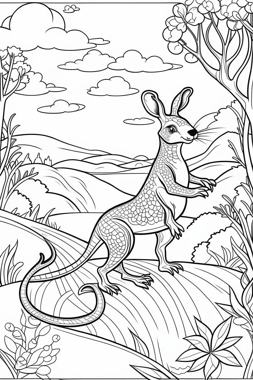 Illustrate a scene of a kangaroo hopping happily across the Australian outback, clean line art, white background, no shadows, black and white coloring book.
