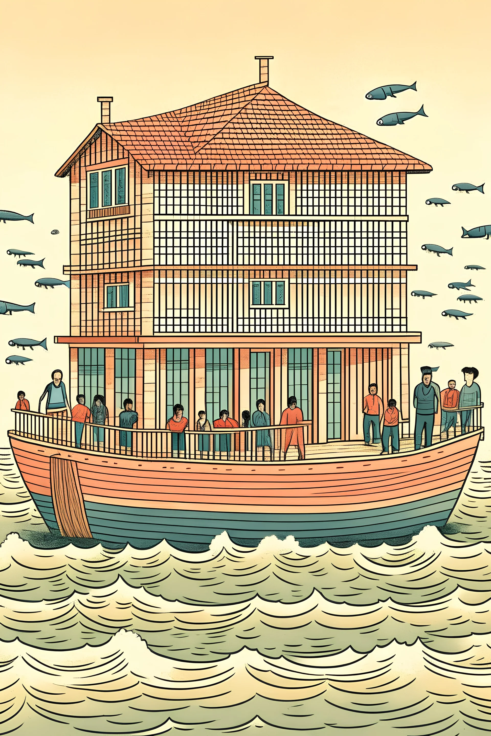 A building floating above the sea, people sitting in the boat wanting to enter the building, and fish rushing into the sea