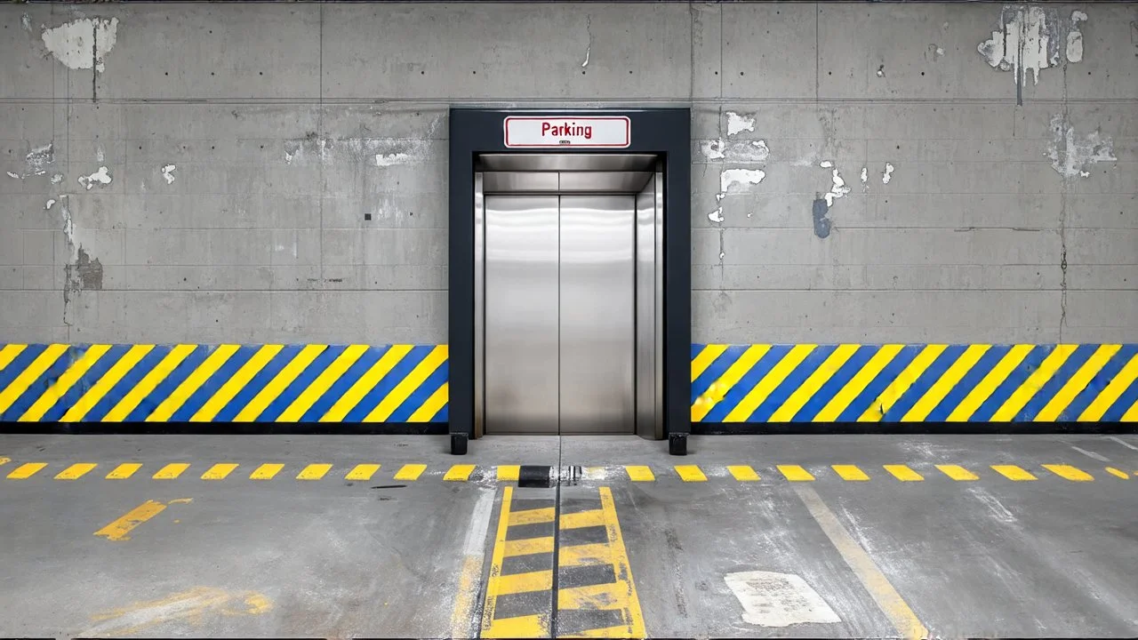 wall design for parking garage, concrete, yellow marking lines, hazard lines, weathering and water stains, realistic elevator doors in middle. a sign is above the elevator doors. rough painted hashmarks and parking lines