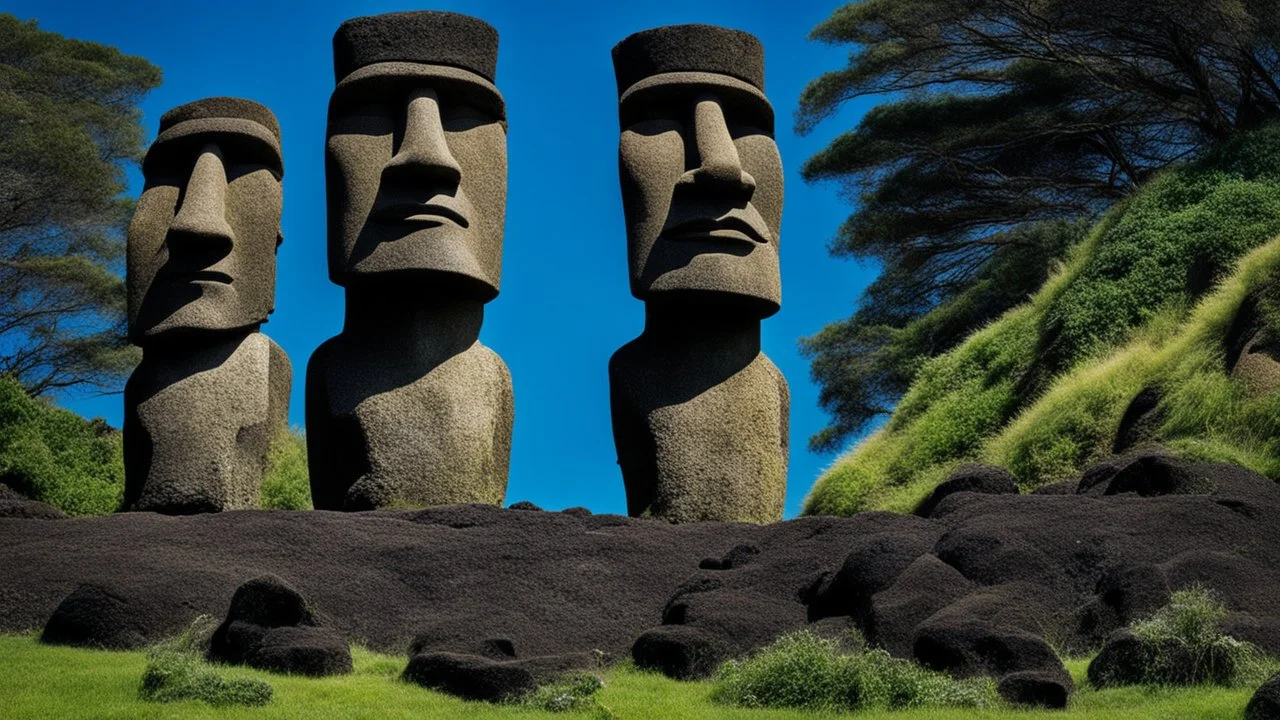 calm beauty, fantasy, magic, splendor, uplifting, inspiring, therapeutic, Easter Island stone statues with faces, some wearing spectacles, some with vegetation beards, mustaches, hair, springtime, sunlight, chiaroscuro, color, award-winning colour photograph, Nikon 135mm, style Disney, style Salvador Dali