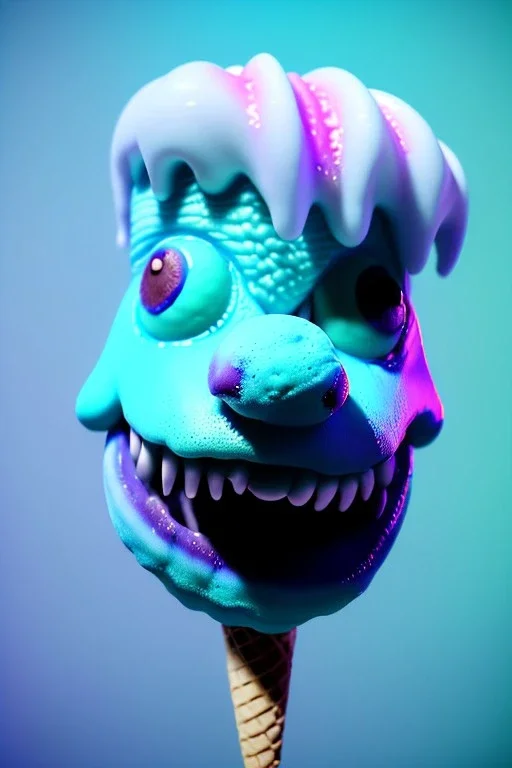 Big ice cream monster, smile, happy, gradient color fog. highly detailed, concept art, unreal engine 5, ray tracing, RTX, lumen lighting, ultra detail, volumetric lighting, 3d, finely drawn, high definition, high resolution.