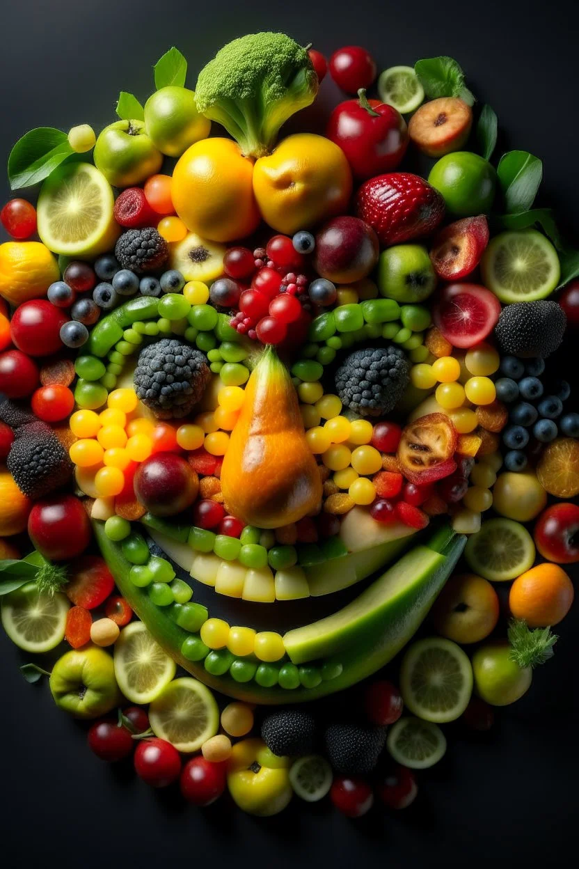 une face humaine sourrante composé uniquement de morceaux de fruits et de légumes, incluant les yeux, le nez et toutes les composantes d'une face.