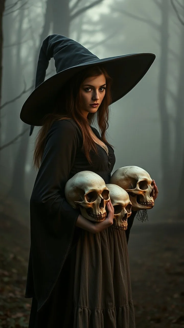 Vintage portrait of a witch woman carrying a human skulls standing in a misty and foggy forest background, eerie twilight lighting