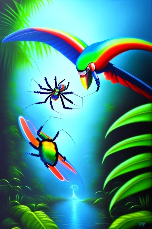 blue spider fight with one toucan, Post-Expressionism, jungle setting, soft pastel colors, mystical, acrylic paint, mystical, dreamlike,