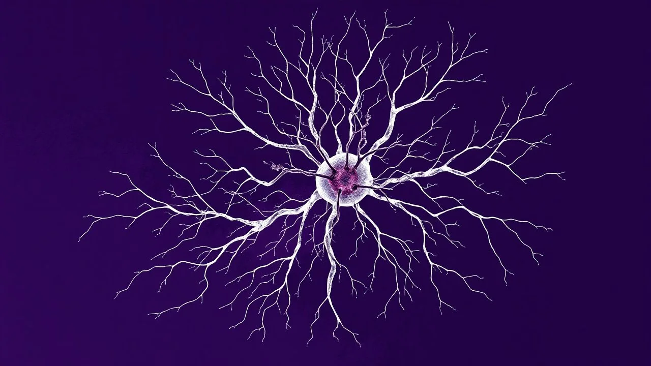 A minimalist abstract digital art graphic and ink montage,. Deep dark purple background with big wide neural network, nervous system, white-dark blue-magenta-pale gray and black colors, Clean composition with strangge vibe, modern digital art style with surreal vibe, Photorealistic with emotional with abstraction , neurodivergens mood