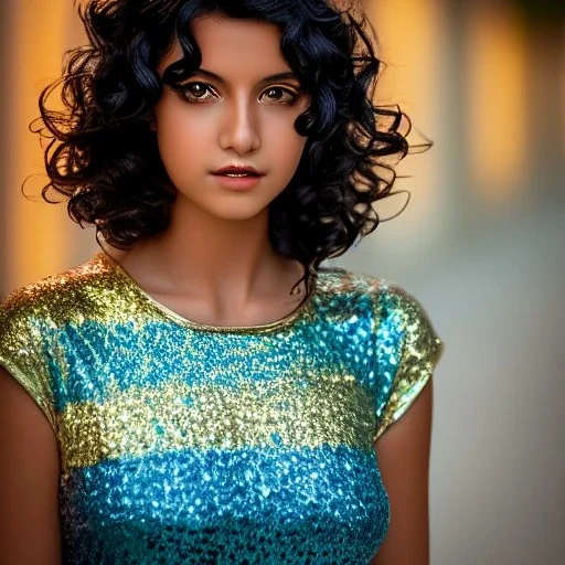 portrait of a teenager tanned girl with mid-length curly black hair and amber eyes,retro style,8k quality,full body shot, masterpiece, best quality,sparkling eyes, fluorescent skin, colorful makeup, highly detailed body,sun light, 4K, RAW, depth of field, high contrast, realistic details, 24mm