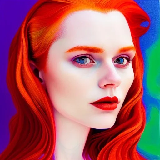 Photo of a gorgeous young lena katina, beautiful face, multi-hued red hair; in the style of martine johanna, draped in flowing fabric, colorful energetic brush strokes, realistic, sharp focus, 8k high definition, insanely detailed, intricate, elegant, art by martine johanna and artgerm