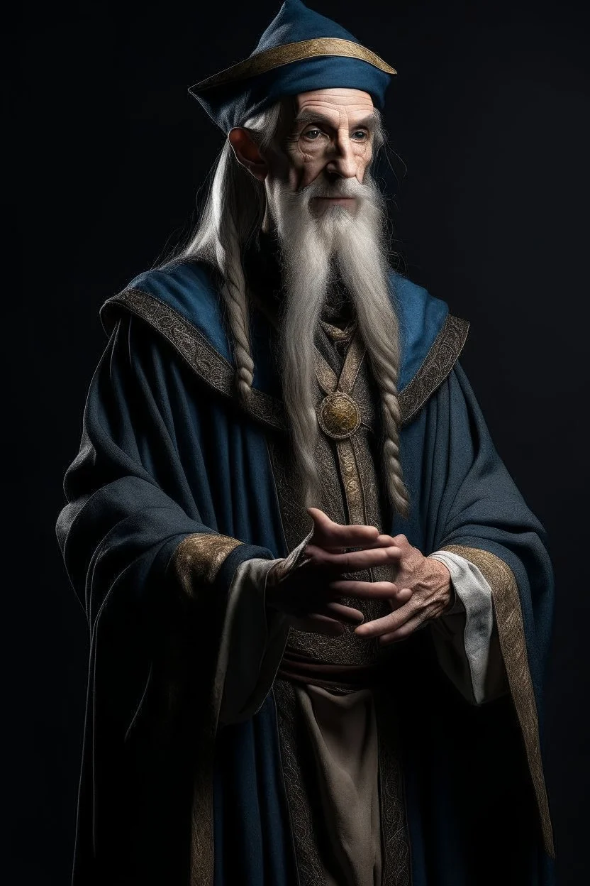 high elf male in his fifties wizard wearing medieval clothes with hands behind his back