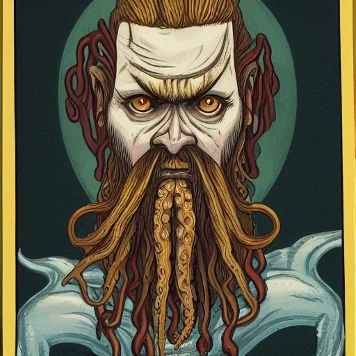 Cthulhu with white skin and a beard made of fleshy tentacles as a Russian Orthodox nosferatu vampire with yellow eyes and vampire fangs