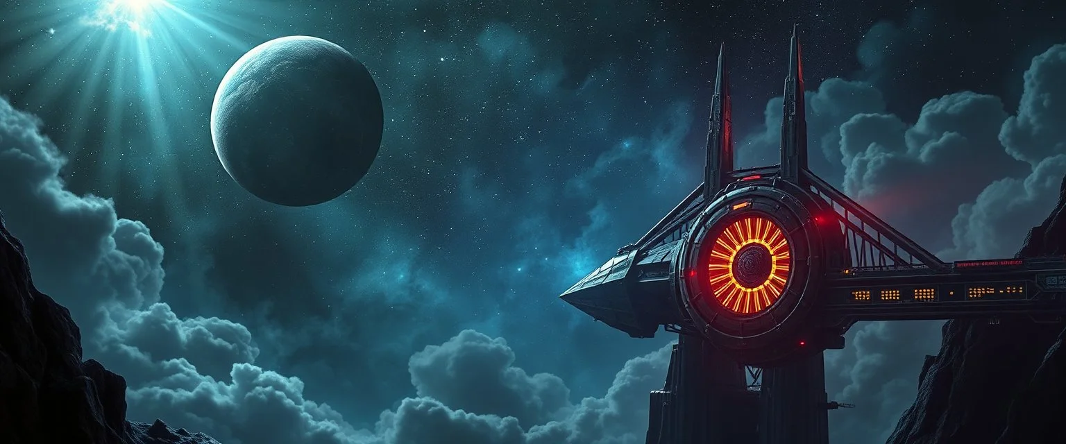 dark draw bridge space station holding huge round blade space ship, portrait of inter-galatic handsome power broker , the first nation, witchcraft, cyberpunk village, sci-fi, strange chrome vessels, volume light from stars through clouds, goa trance poster