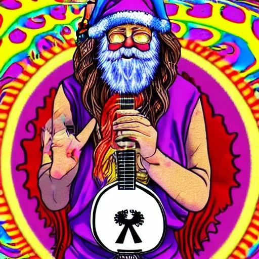 hippie Santa playing electric guitar psychedelic peace sign, MUSHROOMS, TRIPPY