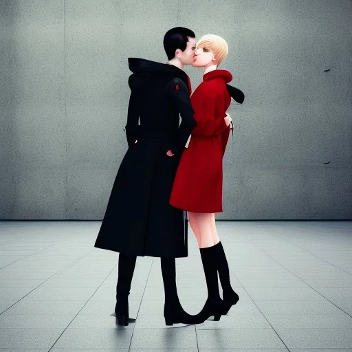 A tall slender young woman with short hair and a black trench coat passionately hugs her lover at airport