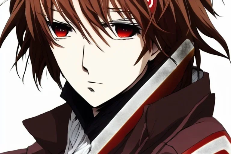 Detailed pretty anime boy, brown hair with blonde strips, keep head in frame, headshot, glaring, brown eyes, covered in bandages, looking serious, illustration, digital painting, only one character, color scheme red, wearing many bandages, Osamu Dazai inspired, anime inspired, manga, dazai, red hair, Chuuya, pretty, scruffy, angry, brooding, manga inspired, small nose, long lower eyelashes, handsome, widows peak, headshot, glaring, cute, wearing a bandage on neck, small nose, scruffy hair