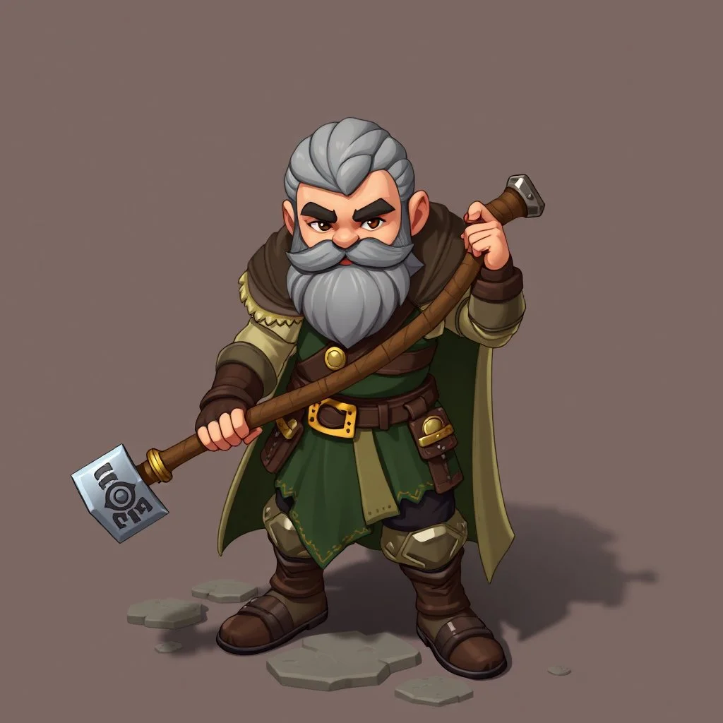 Male Fantasy RPG character, chaabi kawaii proportions, lord of the rings inspiration, bearded with hammer, isometric game
