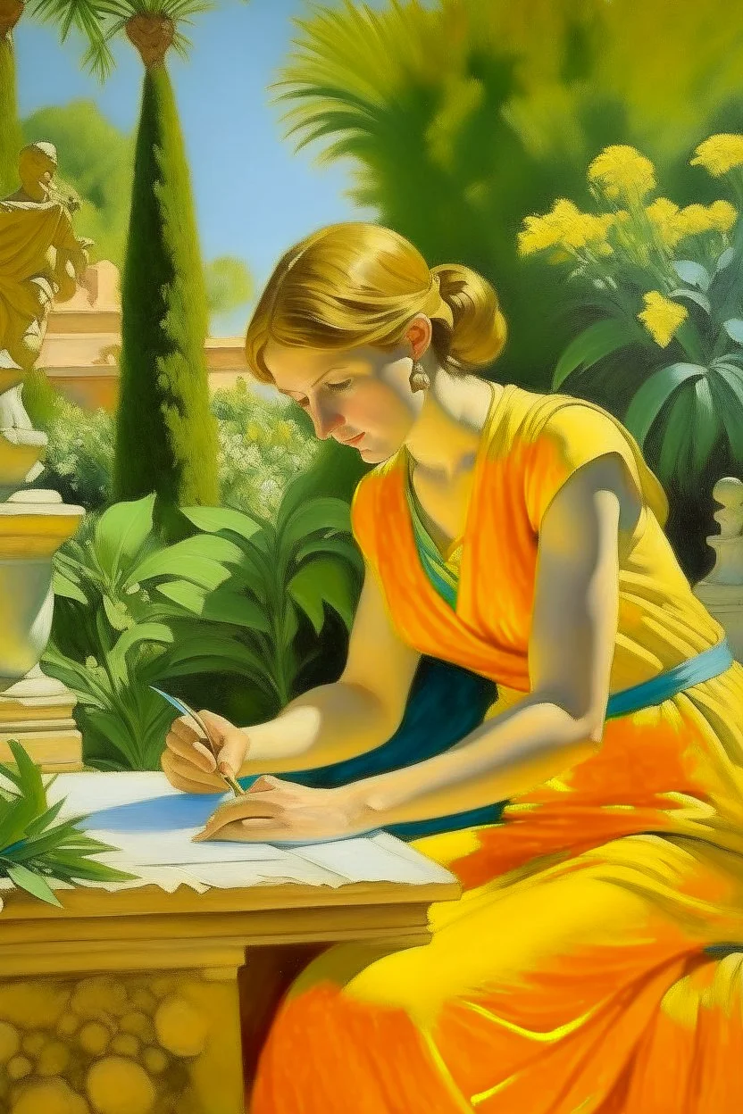 Neoclassicism woman working in the garden painting yellow realistic cote d'azur