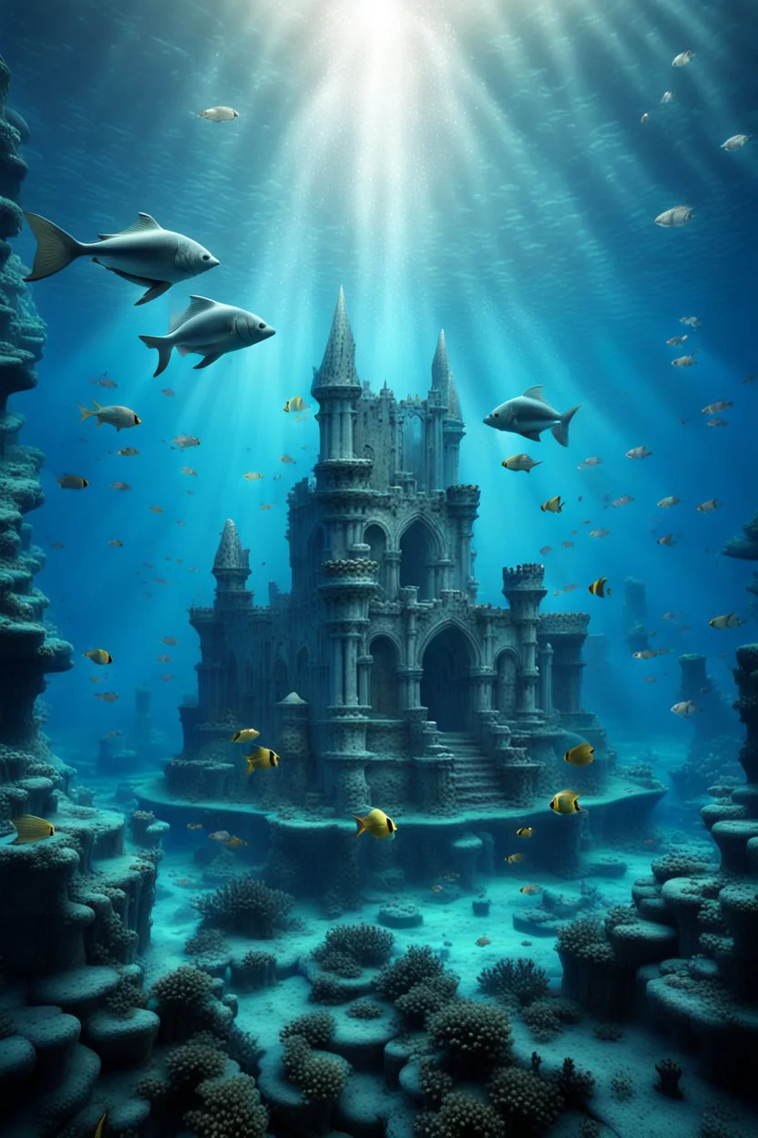 an ancient weird ruins castle from atlantis in the middle of the ocean surrounded by fish, digital fantasy art, in deep sea water, it is an stunning etheral old place, an ecological gothic scene, underwater photograph, reconstruction, stunning ruins, flooded monuments, high detalies, sharp focus, realistic