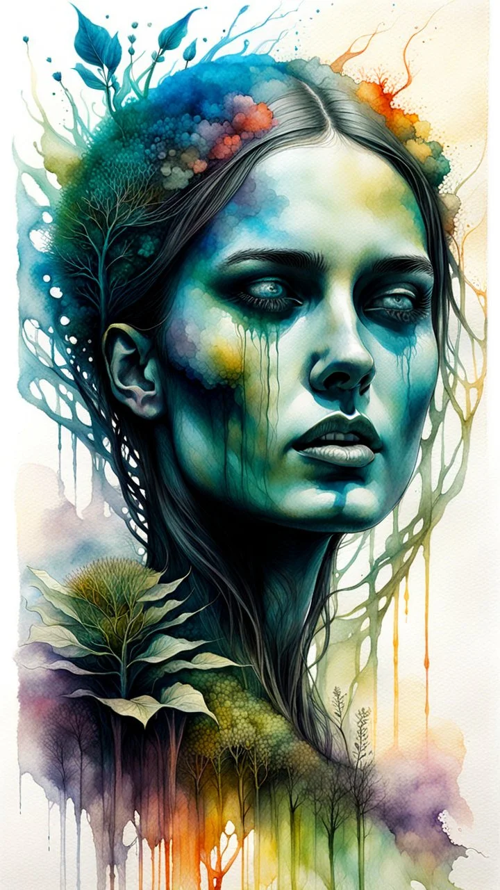 Zdzislaw Beksinski, and Peter Gric style ink wash and watercolours , full body illustration of a beautiful young girl , highly detailed facial features, mixed to anatomical portrait front view, visible plant like skeletal structure, wildly flowing splash colours , 8k octane, all in focus, clean , no grain, ethereal, otherworldly concept art in vibrant natural colors , do not include her face , it should be clean , make the neck shorter and remove the paint on her face