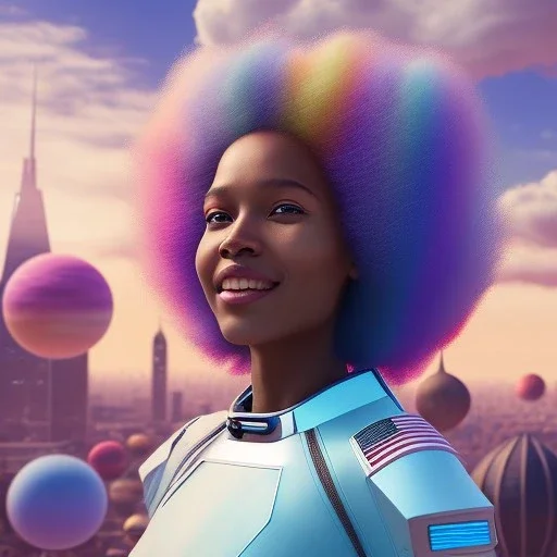 Ultra realistic photo. volumetric lighting , scientist. Young black woman, young, big smile. Joy. smiling. Afro futurism. Afro puffs. Blue hair. Ombré hair Cotton candy. Futuristic cities in background. Space. Space travel. Silver. Cities