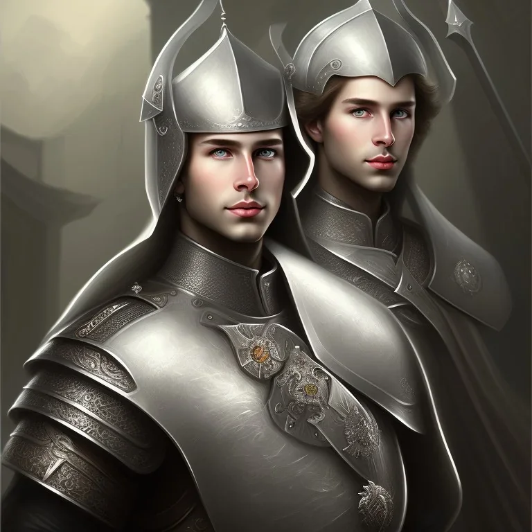 Portrait of a pretty prince in armor without beard. Has grey eyes, dark hair