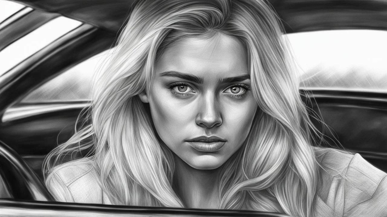 Black and white pencil sketch of a sad blonde driving a car, tears, photorealism, 3d, 64k, high resolution, hyperrealism, f/16, 1/300s.