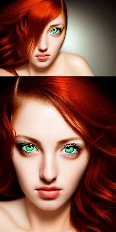 Studio portrait photo of a sexy and seductive woman age of 27, green ball eyes, red hair,very detailed face, studio lighting, fantasy, golden ratio, sharp focus color, corrected hyper detailed pino daeni