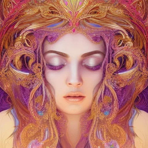 portrait,"Insanely detailed photograph of a beautiful Queen of the light Goddess,gorgeous clean face, highly intricate dress,intricately designed colorful mardigras decorations in hair,ominous,elegant, highly detailed hair, digital painting, artstation, concept art, smooth, sharp focus, illustration, art by artgerm and greg rutkowski, alphonse mucha,Dan witz, 8 k,looking downward,album cover art,fantasy