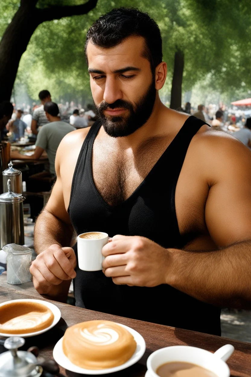 half figure photography of an ugly turkish barman servicing one coffee at the table, burly muscular big chubby shirtless short beard short hair, mainly chest very hairy 25 years old man, in a public park of Istambul , sunny day, sweat, wet, big shoulders, angry eyes, photorealistic