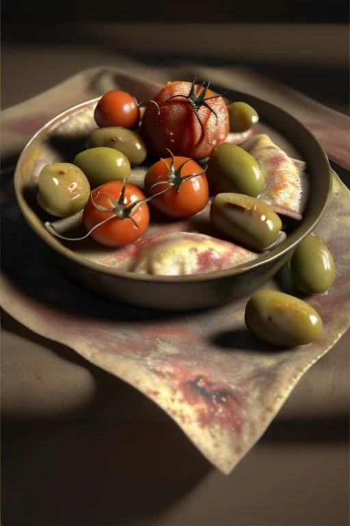 Ravioli by renaissance style still life oil painting, dish, natural tomato, albahaca, olives, oil olive, moisture, art, Leonardo da Vinci, natural, chef, high kitchen, smooth, gradient color background, unreal engine 5, ray tracing, RTX, lumen lighting, ultra detail, volumetric lighting, 3d.