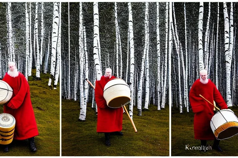 Portrait of a Northern Native Sage. Indigenous, Kekripukki, carries drum made of birch-park, Scary Horns grow from his shoulders, The Egyptian, Traditional Costume is white with red ornaments and patterns. African style colorful faces, Arctic Hills, Strange trees, Haunting Atmosphere, North-Carelia, Karelia, Karjala, Karjalainen, traditional Carelian costumes, dripping black tears on cheek, Kaamos