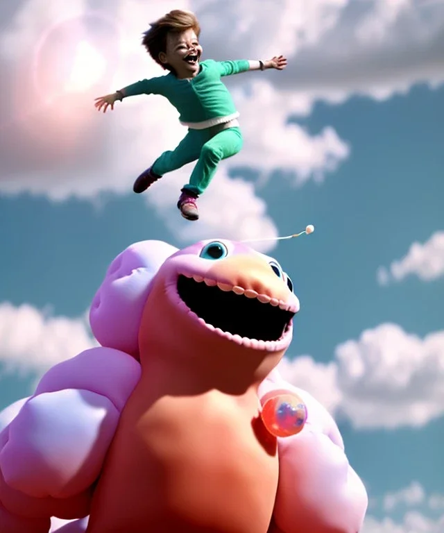 Ultra realistic clouds sky scene, medium shot view, portrait, sweet Peter Pan Childs, free jumping flying, trinkets, monster hair, jelly beans, inflatable helmet, smile, happy, Wes Anderson style, inflatable color clothing, extreme, wind, clouds sea, 20,000 feet altitude, stratosphere, soft color, highly detailed, unreal engine 5, ray tracing, RTX, lumen lighting, ultra detail, volumetric lighting, 3d, finely drawn, high definition, high resolution.