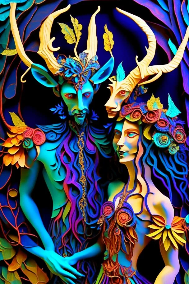 "Satyr Union"; surreal Satyr and Nymph couple wearing colorful Royal wedding attire made with quilling found in nature; Avant-garde