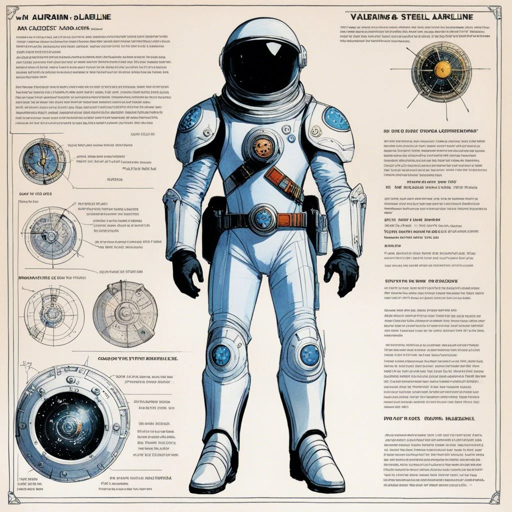 character concept sheet with AD&D statistics and characteristics for the TTPRG "Valerian and Laureline", [illustration by Jean-Claude Mézières (1967)] spacio-temporal agent Kael Dravan (male human), in spacesuit, ready to drive a spaceship