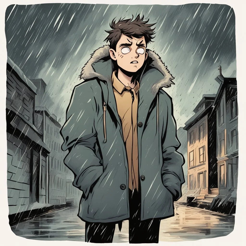 a closeup of a young man in a heavy coat during a rainstorm having a psychotic breakdown cartoon