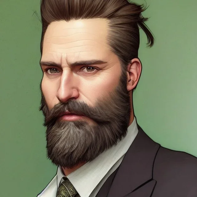 "MIddle aged white human male, with a trimmed but uneven beard, piercing green eyes with slick back hair head and shoulders portrait, 8k resolution concept art portrait by Greg Rutkowski, Artgerm, WLOP, Alphonse Mucha dynamic lighting hyperdetailed intricately detailed Splash art trending on Artstation triadic colors Unreal Engine 5 volumetric lighting Splash art fantasy"