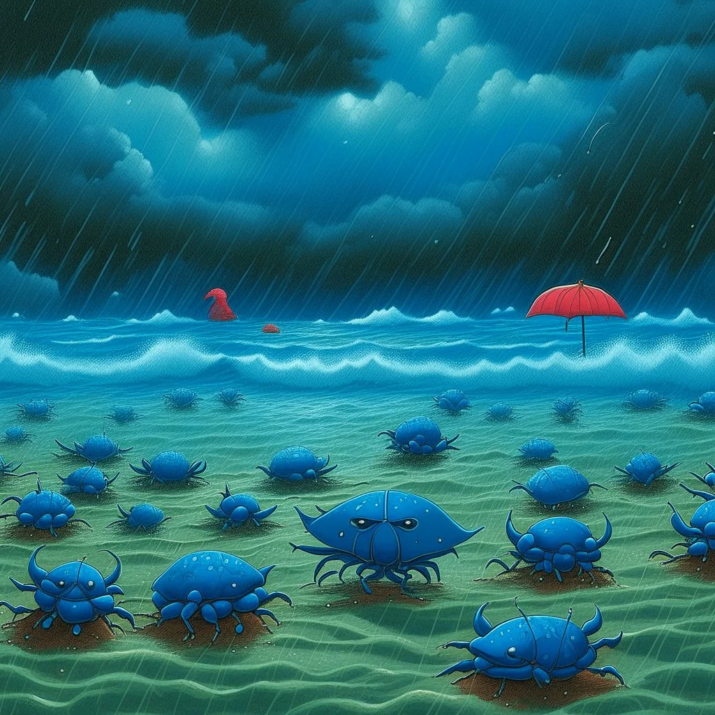 A blue beach with crabs in a rainstorm designed in Hawaiian tikis painted by Georges Seurat