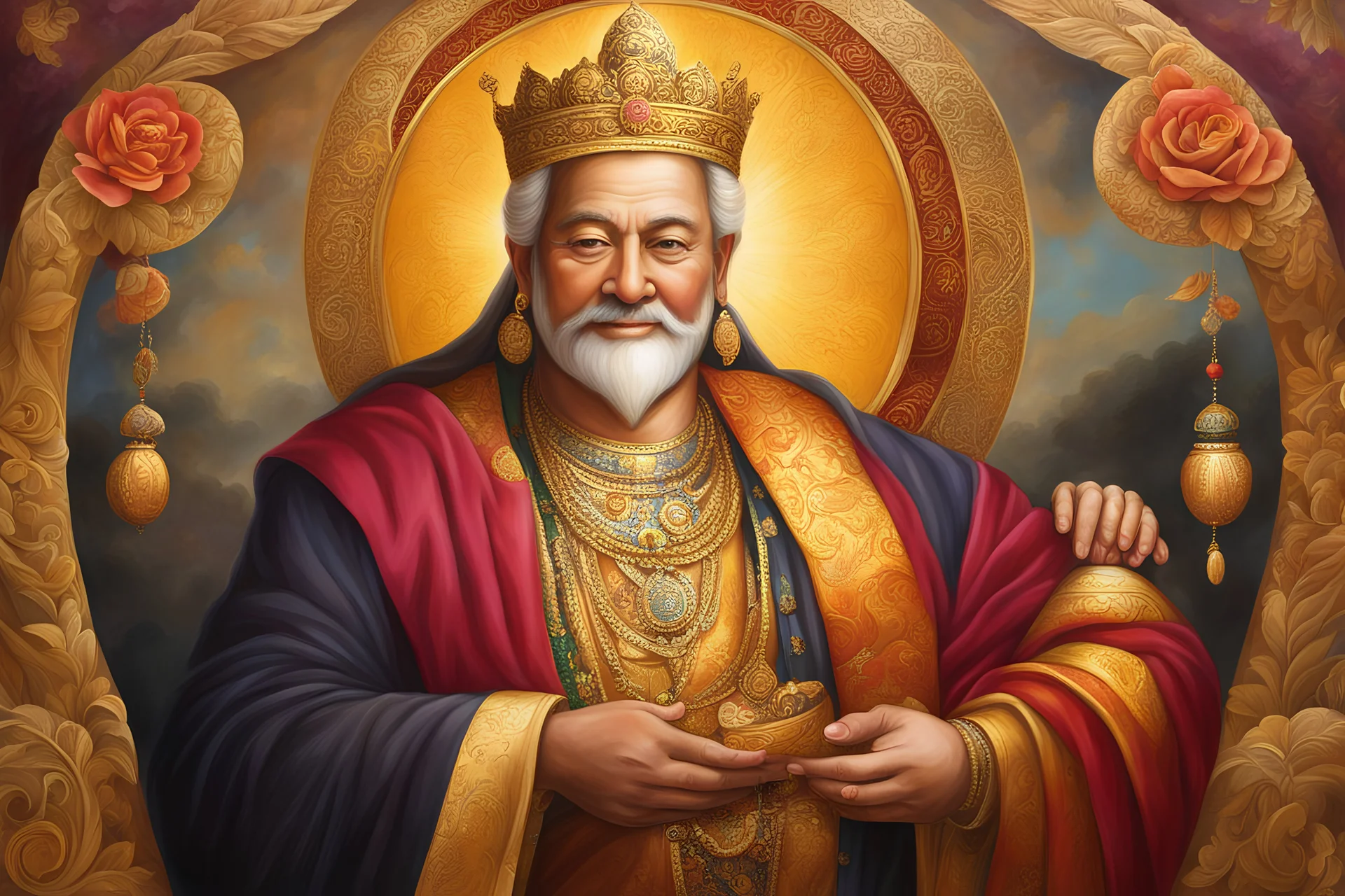 Create a painting of lord wealth and and prosperity, earthen background, vibrant rich dark colors