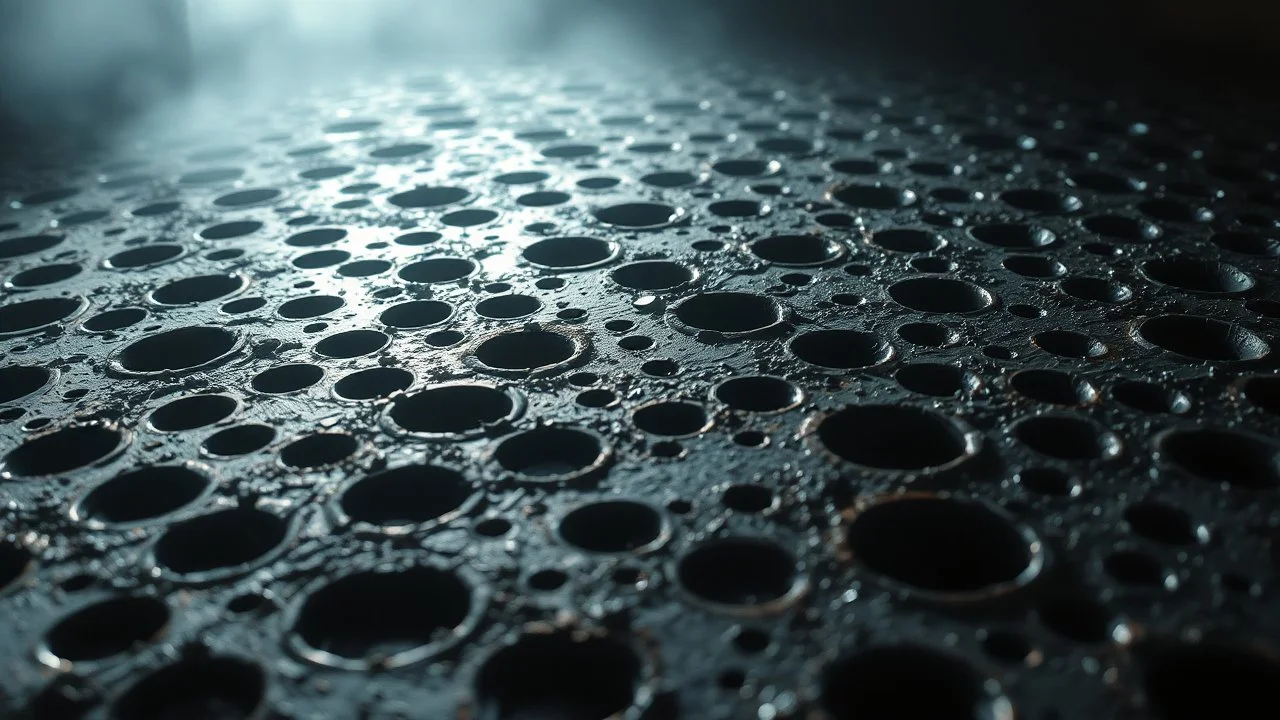 Topography of metallic holes, diffuse light filtering through oxidized layers, atmosphere of future archaeology.