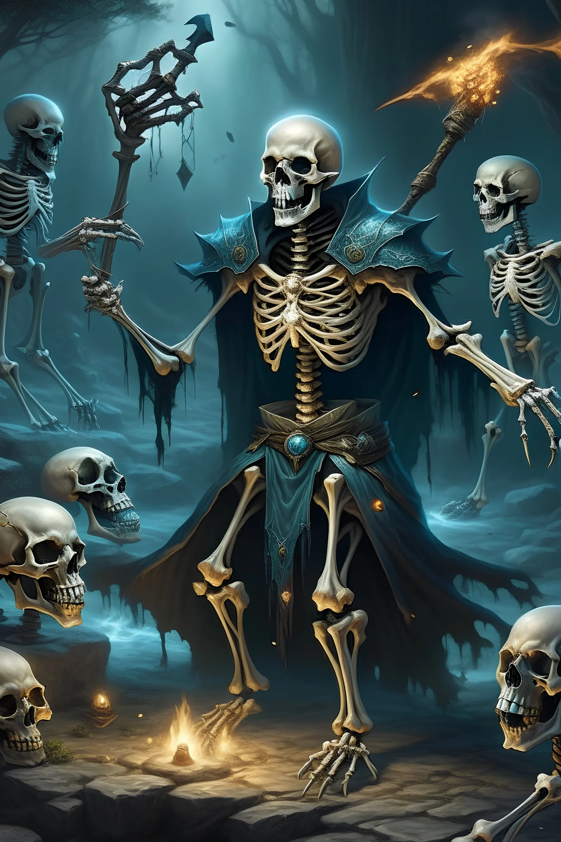 Human Wizard necromancer, skeletons crawling up from graves, fantasy, magic, detailed, dungeons and dragons style