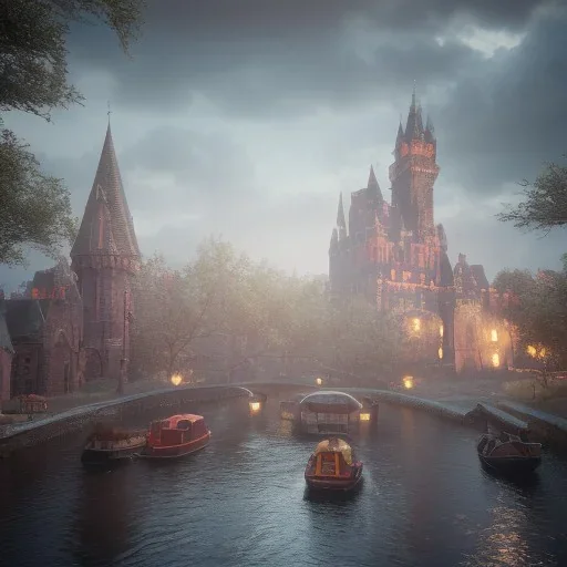 A magical gothic little town of witches with a castle and canals Nick Harris style