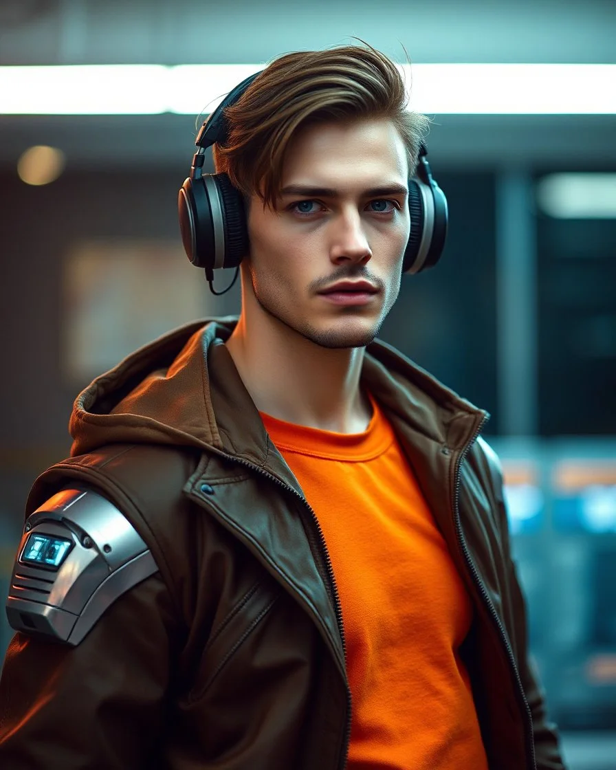 Handsome man super model brown hair science fiction style humanoid half with full body cyborg mechanicals and cybernetics lights wearing headphones,she on standing cool pose